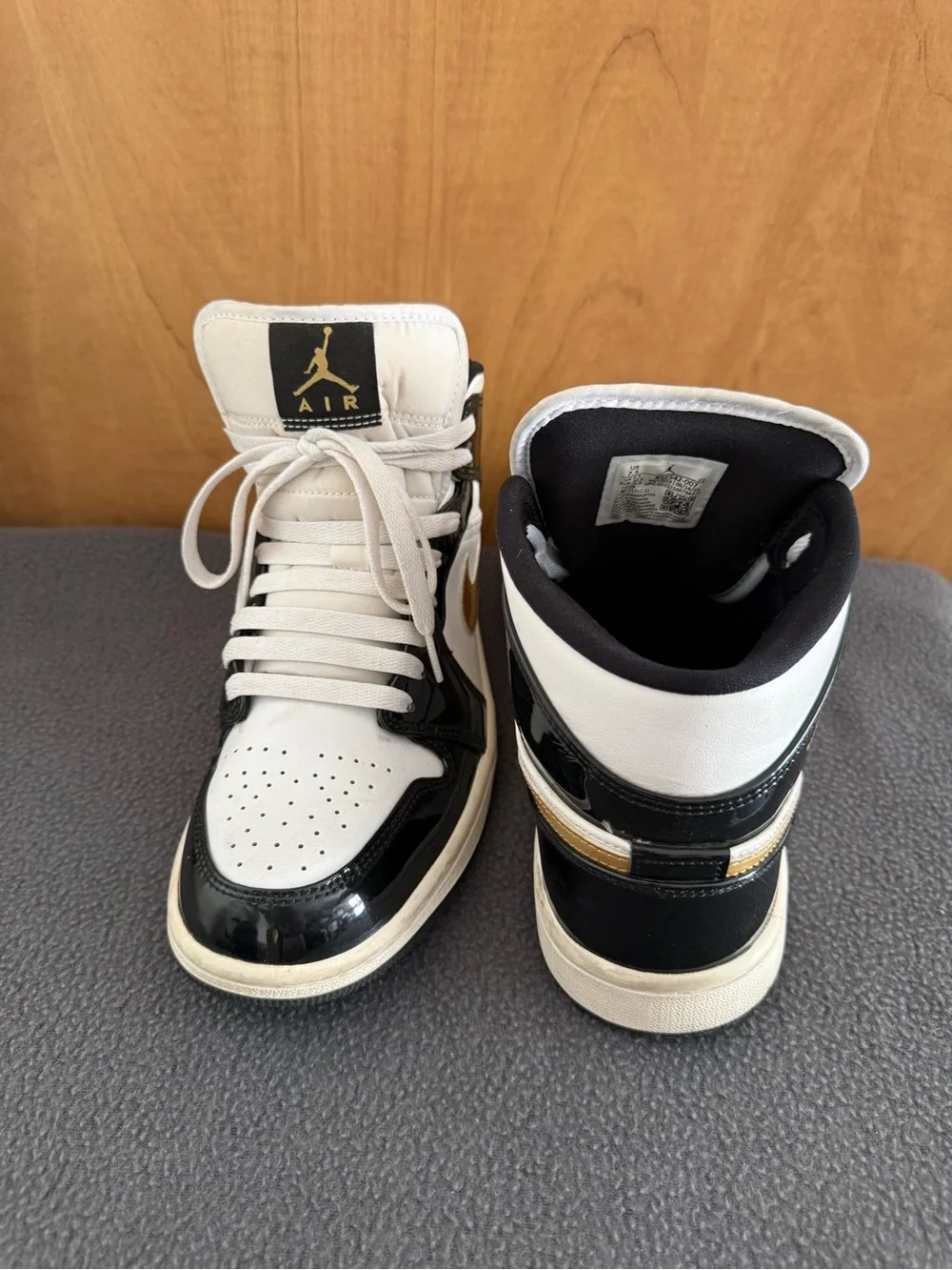 Jordan High-Top Sneakers in White, Black & Gold